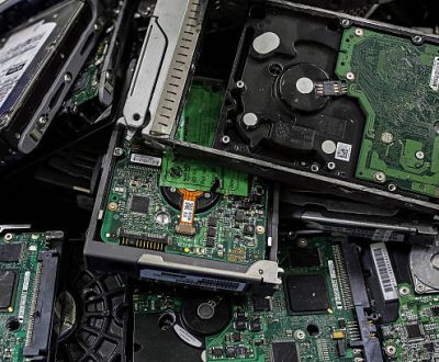 Used computer hard drives sit in a crate at the Attero Recycling Pvt facility in the Raipur industrial area of Bhagwanpur in Roorkee, Uttarkhand, India, on Monday, Oct. 7, 2013. New rules for handling, storing, and recycling electronic waste that went into effect in India May 1 apply the principle of "extended producer responsibility" and assign duties along the entire value chain including manufacturers, consumers, and recyclers. Photographer: Dhiraj Singh/Bloomberg via Getty Images